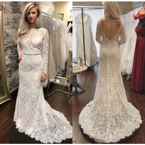 2020 New Wedding Dresses Long Sleeves Lace Appliqued Backless Wedding Gowns Real Images Mermaid Bridal Dress