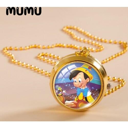 2021 New Pinocchio and Jiminy Pocket Watch Necklace Lovely Gold Color Vintage Watch Glass Dome Pendant Jewelry Gifts