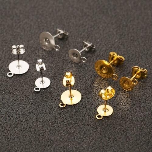 30pcs 5 6 8mm Stainless Steel Stud Earring Base With Earring Back Stopper Gold Color Cabochon Settings Tray Diy Jewelry Making