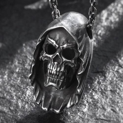 Retro Stainless Steel Grim Reaper Pendant Necklace Fashion Male Death Skull Pendant Necklace for Men Punk Gothic Jewelry Gift