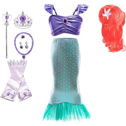 Summer Girls Little Mermaid Princess Dress Up Kids Halloween Ariel Fancy Costume Children Beach Pool Party Outfit Clothes 3-10T