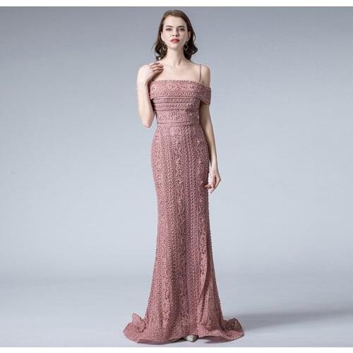 Dusty Pink Lace Long Prom Dresses Straps Crystal Pearls Mermaid Formal Dance Ball Gowns Party Dress For Women