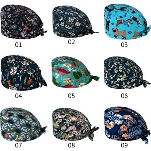 9 Colors Unisex Adjustable Working Scrub Cap with Protect Ears Floral Print Bouffant Hat Head Scarf