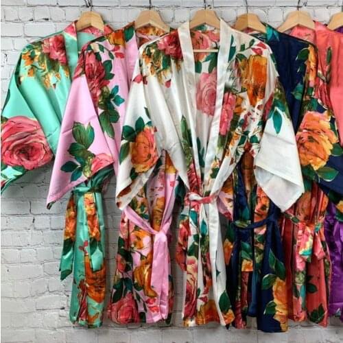 Silk Floral Robe Knee-length Pajamas Ladies Party Robe Bridal Robe Wedding Bride Bridesmaid Bathrobe Pajamas Robe
