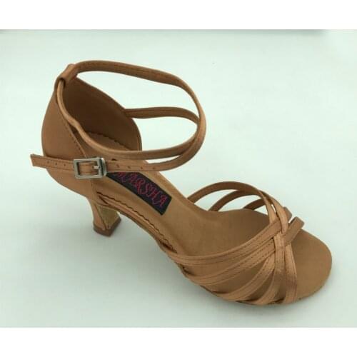 Comfortable womens latin dance shoes ballroom salsa tango shoes dark tan satin professional 6201DT