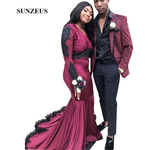 Burgundy Party Dress With Black Appliques Lace Full Sleeves V-neck Prom Long Gowns Women vestido formatura