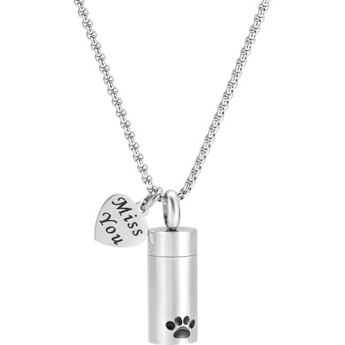 JJ001 Loss Of Pet Cremation Jewelry Wholesale "Miss You" Dog Paw Print Cylinder Memorial Urn Necklace Pendant For Ashes