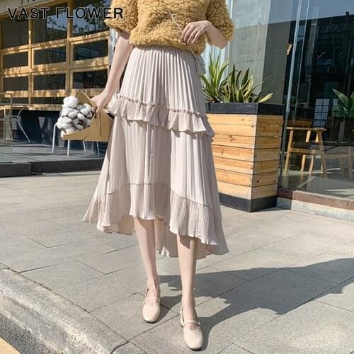 2020 Skirts womens korean Style Fashion Midi Skirt Woman Spring Summer Clothes Elegant High Waist white Ruffles pleated Skirts