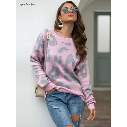 Yinlinhe pink Leopard o neck autumn sweater women long sleeve winter pullovers women jumpers 2019 ladies casual sweater 1216
