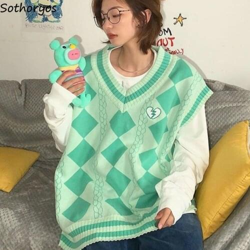 Women Sweater Vests Argyle Casual Embroidery Classic Preppy Style Fashionable Oversize Bf V-neck Teens Streetwear All-match Chic