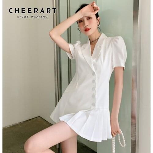 CHEERART Designer White Summer Blazer Dress 2021 Puff Sleeve Oblique Button Up Mini Pleated Dress Women Korean Fashion Clothing