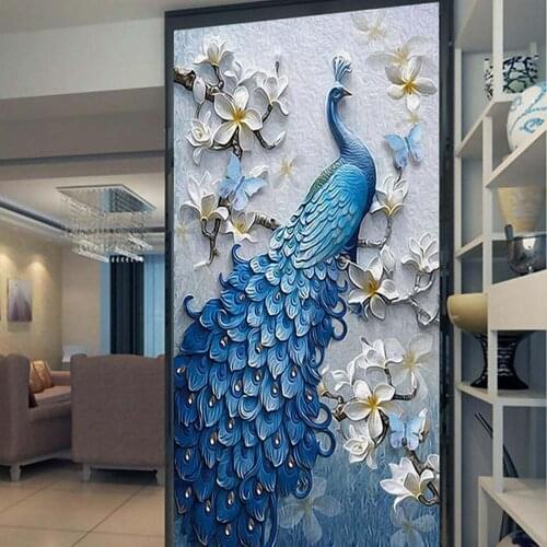 3D Embossed Peacock Bird Flower Hallway Photo Wallpaper Murals Bedroom Entrance Photo Wall Mural Wall Paper 3d Painting Peafowl