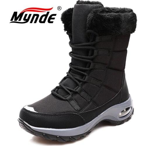 New Winter Women Boots Warm Plush Mid-Calf Womens Snow Boots Lace-up Outdoor Waterproof Hiking Boots Chaussures Femme Size 42