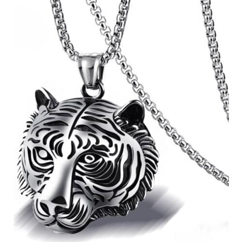 316L Stainless Steel Chain Retro Tiger Head Necklace Hip Hop Punk Mens Necklace