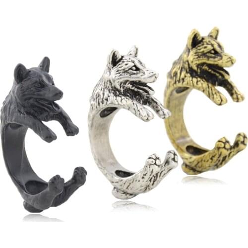 Black Boho Shiba Inu & Akita & Siberian Husky Dog Pet Rings For Women Men Retro Adjustable Animal Couple Love Ring Bulk Jewelry