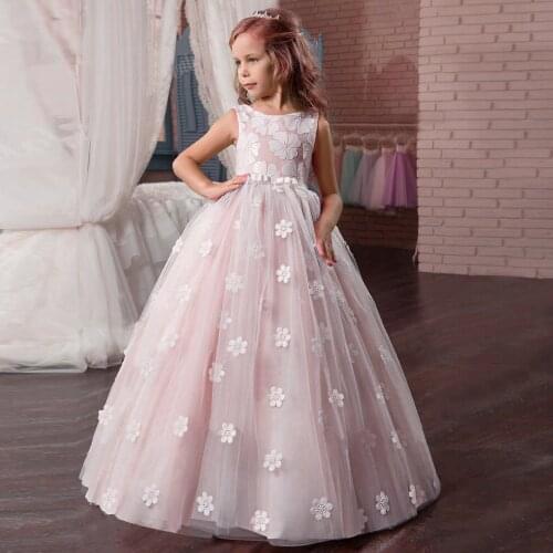 Kids Girls Clothes Lace Flower Fancy Bridesmaid Kids Dresses Children Princess Dress long Gowns Pageant Party Communion Cosutme