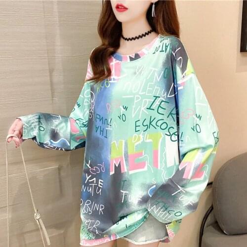 Harajuku letter printing t shirt casual loose long sleeve t-shirts female fashion Color matching BF hip hop streetwear pink tops