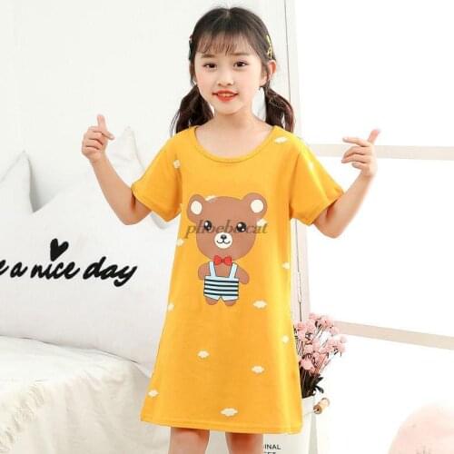 Cotton Nightdress Teen Girl Pajamas Dresses Children Cartoon Bear Summer Nightgown Home Clothes Short Sleeve Kids Sleepwear