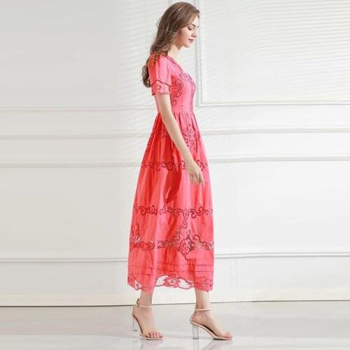 Cotton High Quality 100% Runway Fashion Women New Summer Flower Hollow Out V-Neck Ruffles Elegant Party Dress