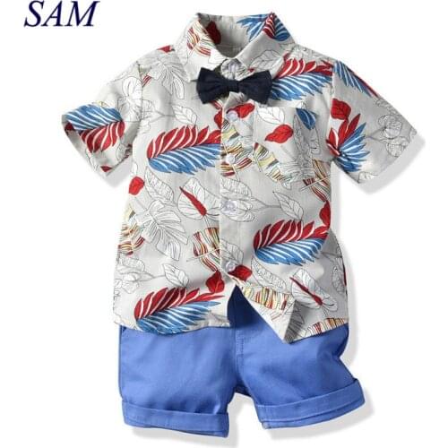 2019 Summer Boys Fashion Clothing Sets INS Gentleman Childrens Bowtie Print Short Sleeve Shirt + Shorts 2 pcs Suit Clothes