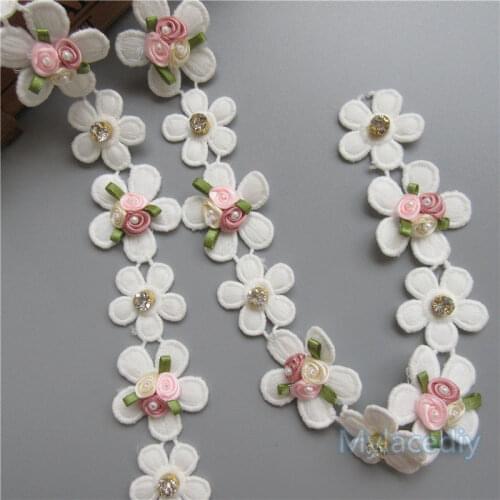 1 yard Pearl Diamond Flower Embroidered Lace Ribbon Applique Fabric Handmade DIY Clothes Sewing Craft Lace Trim Decoration