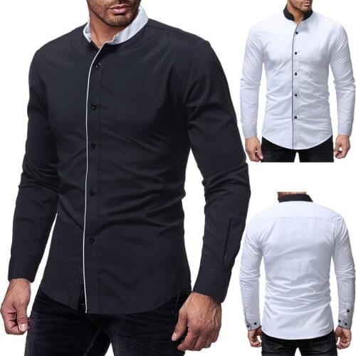 Mens Shirt Long Sleeve Stand Collar Contrast Cardigan Shirt Casual Patchwork Youth Fashion Slim Type Tops