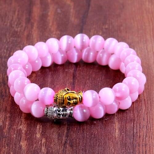 Newest Unique Jewelry Natural Stone Pink Opal Bracelets Bangles Buddha Head Charms Women Girls Bead Bracelet