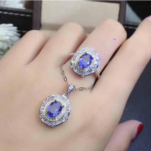 New Design Tanzanite jewelry set Natural Real Tanzanite 925 sterling silver 1pc Tanzanite pendant,1pc Tanzanite ring