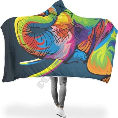 PLstar Cosmos Animal Colorful Elephant Hooded Blanket 3D Printed Wearable Blanket Adults men women kids Boy Girl Blanket