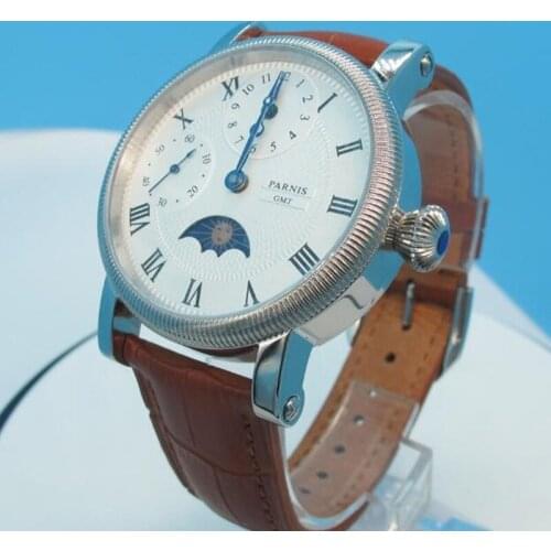 Parnis 42mm Handwind Mechanical Watch Men Wrist Stainless Steel Case Leather Strap Waterproof GMT Moon Phase Wristwatch Men