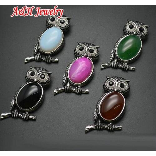 5pcs Ancient Silver Color Owl Pendant Natural Semi-precious Stone Inlay For Fashion Women Jewelry