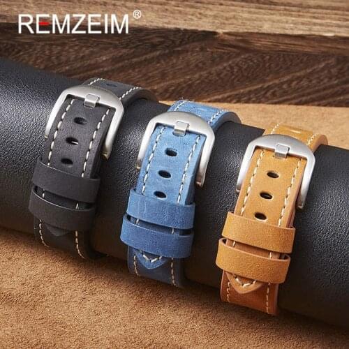 REMZEIM Hot Sales 20mm 22mm 24mm Genuine Calf Retro Leather Watchbands Stainless Steel Soild Buckle Wrist Watch Belt Bracelets