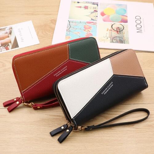 Double Zipper Womens Wallet Long Large-capacity Clutch Double-layer Wallet Stitching Contrast Color Coin Purse Mobile Phone Bag