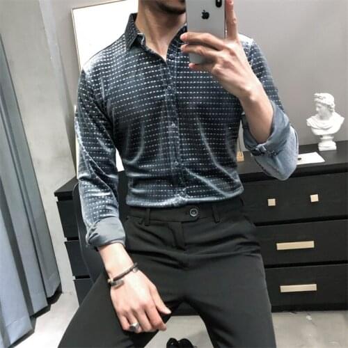 Spring Autumn Fashion Mens Striped printed Dress Shirt Men Slim Fit Autumn Half Sleeve Shirts Men Solid Blouse Men Harajuku