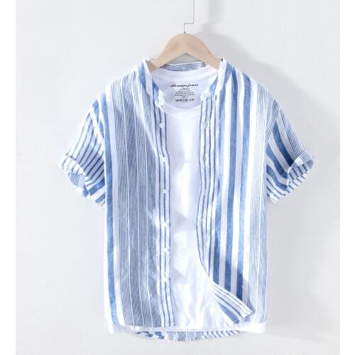 100% Pure Linen Striped Shirts Short Sleeve Casual Stand Collar Hemp Shirts Man Summer Fashion Breathable Tops Mens Clothing