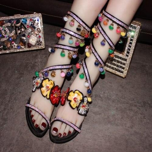 Hollow Strap Sandalias Mujer 2020 Luxury Serpentine Winding Flat Sandals Mixed Color Candy balls Summer Shoes Rhinestone Sandals