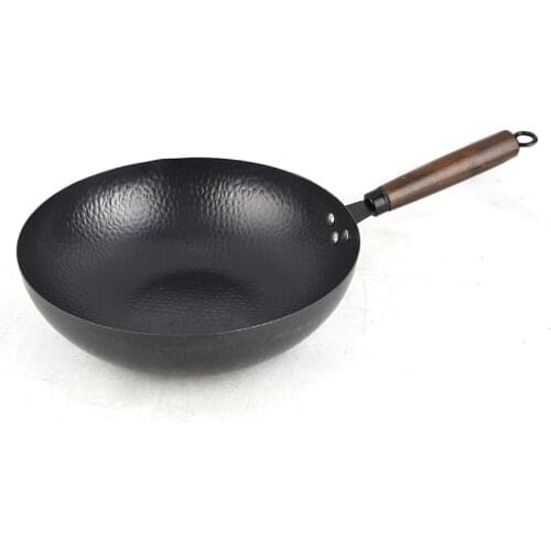 Wok Pan Induction 32cm No Chemical 100% Carbon Steel Stir Fry Pan with Detachable Wood Handle