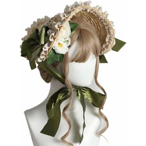 Straw Hat Bonnet Headband Women Girls Victorian Lolita Elegant Floral Hair Clip Headdress Afternoon Tea Party Accessory