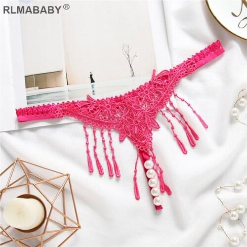 Sexy Embroidery Tassel Transparent G-String Temptation Pearl Massuge Women Underwear Thong Crotch Open Lingerie Briefs Panties