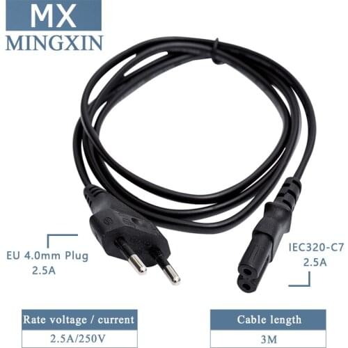 EU To C7 EU European 2-Pin Russia AC Power Extension Cable Cord Wire European Russia To IEC320 To C7 3M