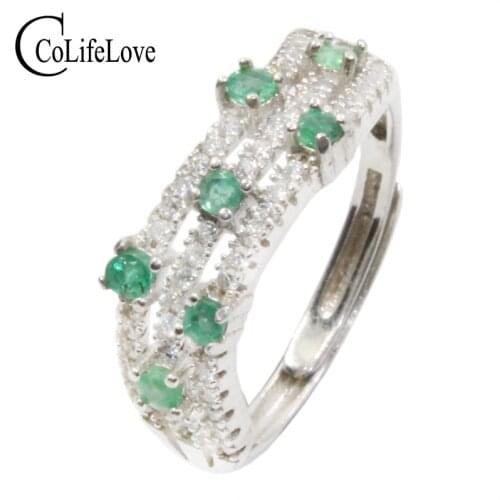 CoLife Jewelry 925 Silver Emerald Ring 2mm Natural Emerald Silver Ring Sterling Silver Emerald Jewelry Birthday Gift for Woman