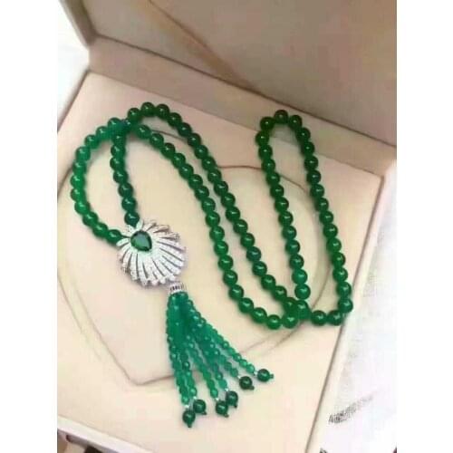 Green jasper round 8mm and tessel long necklace wholesale 34inch FPPJ wholesale beads gift