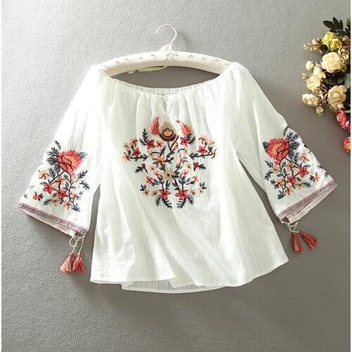 Womens Spring summer slash neck flare Sleeve embroidery cotton Shirt Female Vintage National Loose Casual Shirt Blouse TB1354