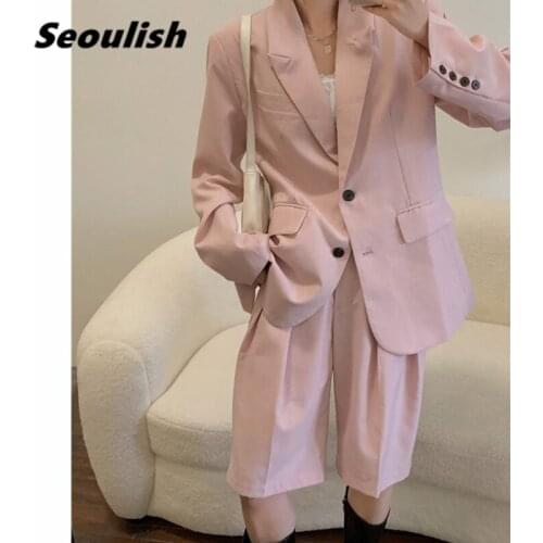 Seoulish 2021 New Summer Pink Womens Shorts Suits Single Breasted Loose Blazer Jacket & Chic Shorts Female Office Suits Sets