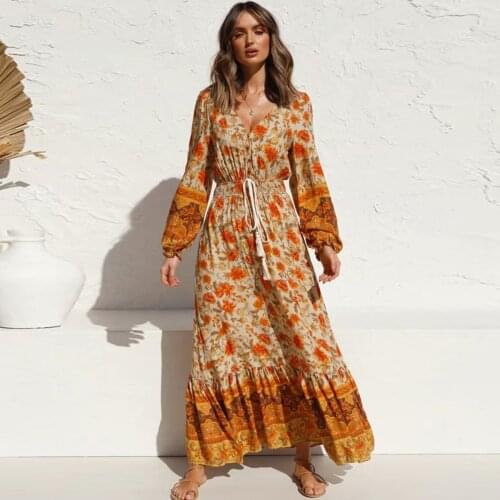 Jastie Boho Floral Print Maxi Dress Women V-Neck Long Sleeve Elastic Waist Casual Beach Dresses Long Female Vestidos 2020 Fall