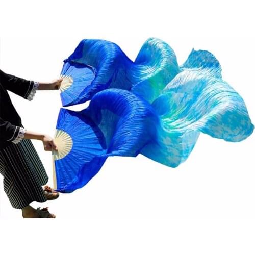 100% Silk 1Pair Dance Fans Stage Performance Props Tie Dyed Silk Fans 180x90cm Women Belly Dance Fans Royal blue+Mixed colors