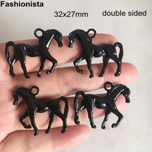 20 pcs -Double Sided and 3D Black Horse Pendant 32x27mm Black Plated Metal Horse Charms For Earrings Necklace Jewelry -B