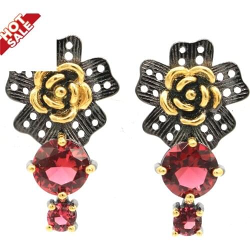28x15mm Unique Neo-Gothic 5.7g Created Rhodolite Garnet London Blue Topaz Cool Black Metal Silver Earrings Punk Hollow