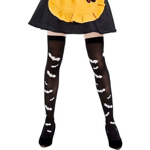 Halloween Carnival Scary Castle Bat Thigh High Stockings Woman Girls Hold Up Stocking Over Knee Socks Fancy Dress Orange/White