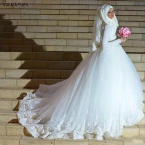 Arabic Turkish Islamic Muslim Wedding Dresses with Veil 2021 Long Sleeve Lace Ball Gown Princess Wedding Dress Vestid
